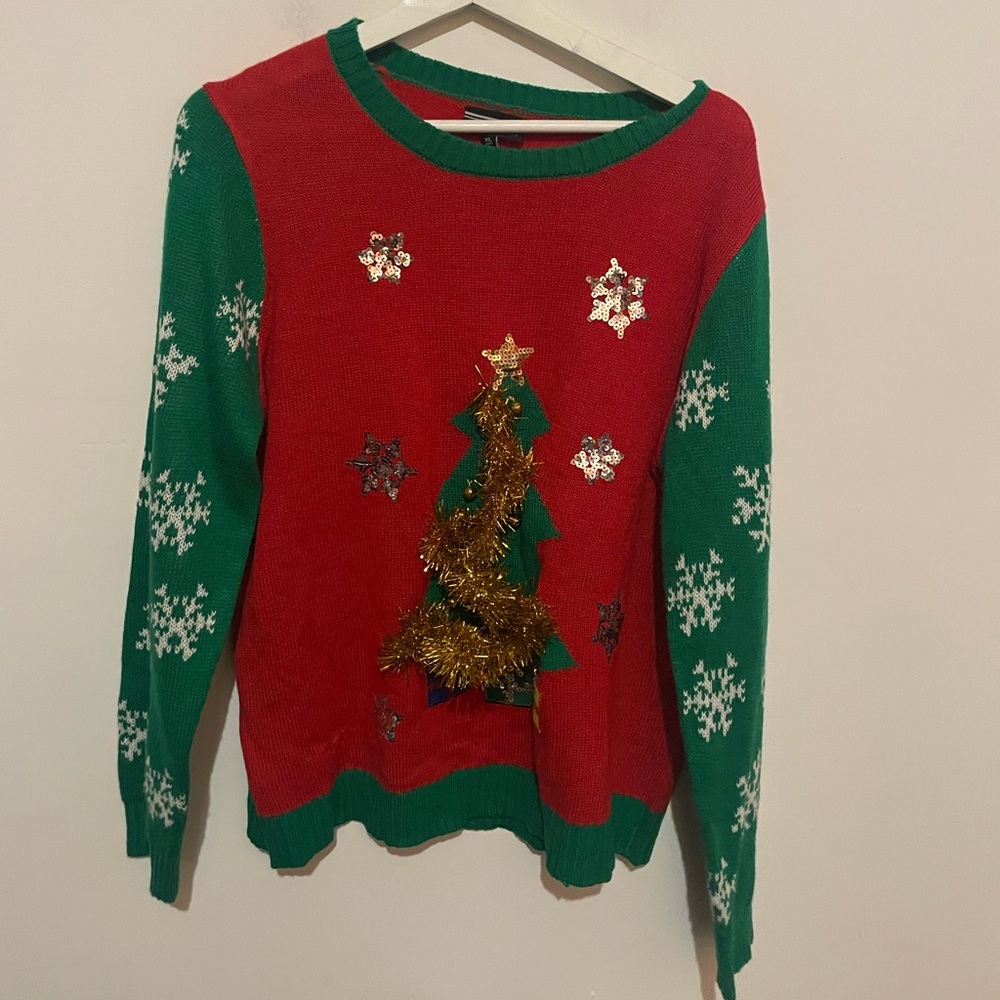 Allison Brittney Women Ugly Christmas Sweater Red Jungle Bells Tinsel Sequin XL